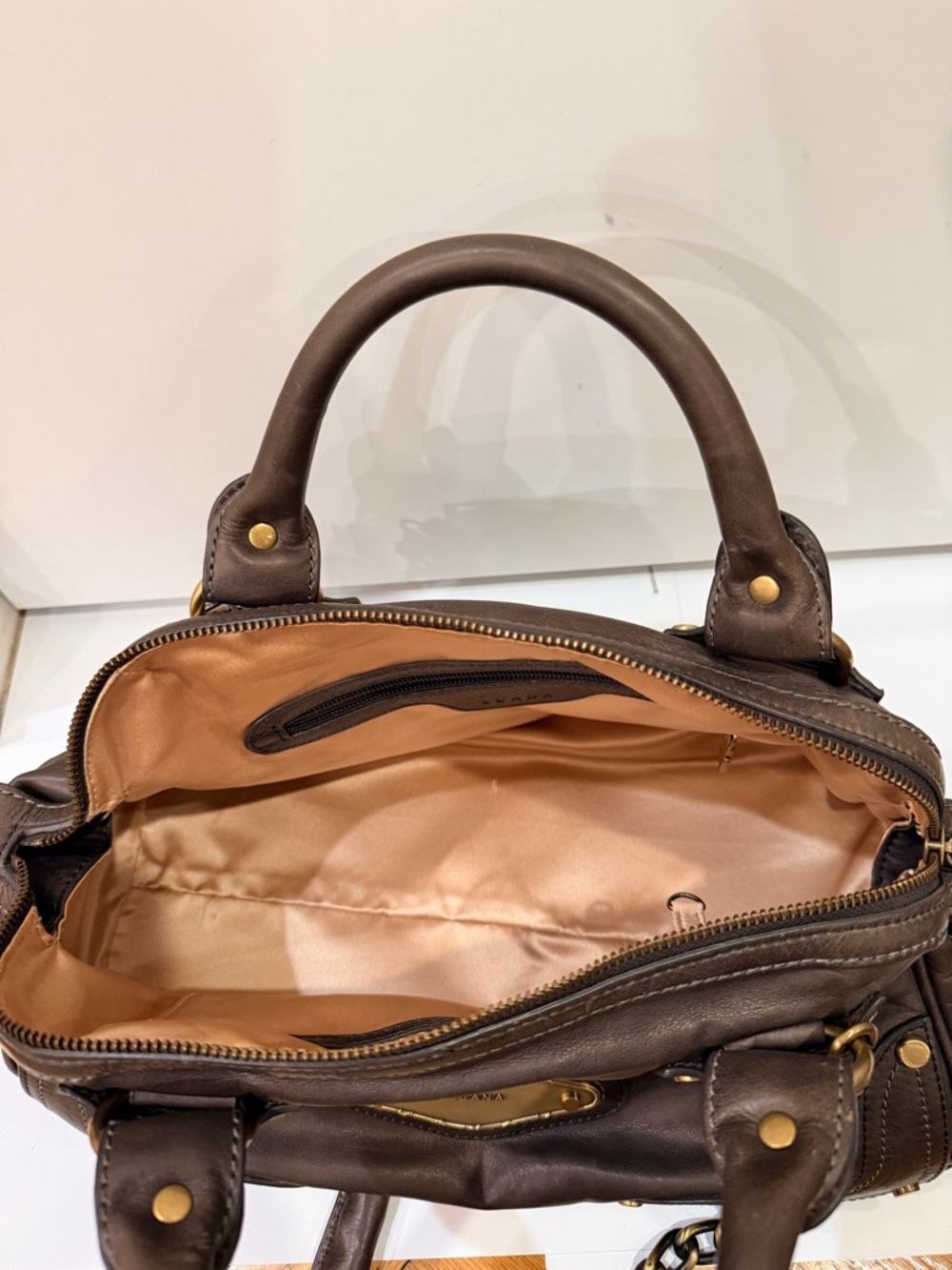 Luana Italian Leather Satchel Dark Olive Brown Chain Strap Top Handle - Picture 9 of 13